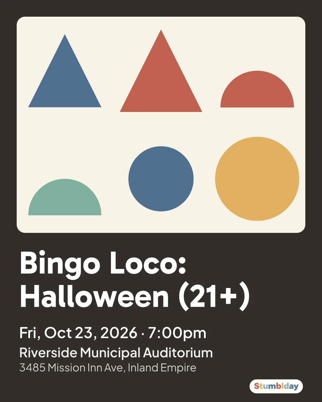 Flyer for Bingo Loco: Halloween (21+): Fri, Oct 23, 2026 · 7:00pm at Riverside Municipal Auditorium