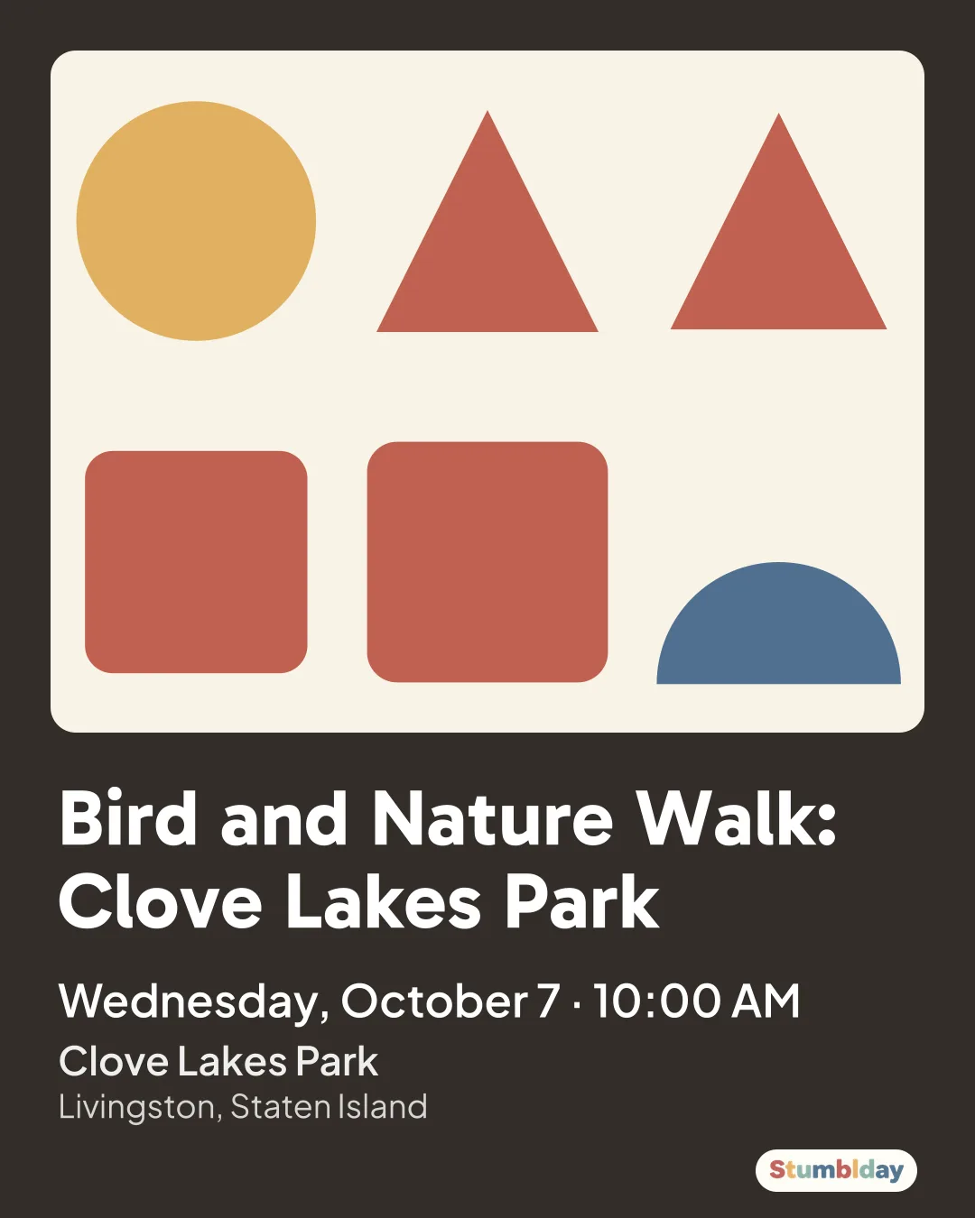 Flyer for Bird and Nature Walk: Clove Lakes Park: Wednesday, October 7 · 10:00 AM at Clove Lakes Park