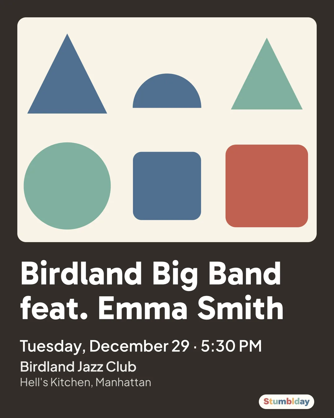 Flyer for Birdland Big Band feat. Emma Smith: Tuesday, December 29 · 5:30 PM at Birdland Jazz Club
