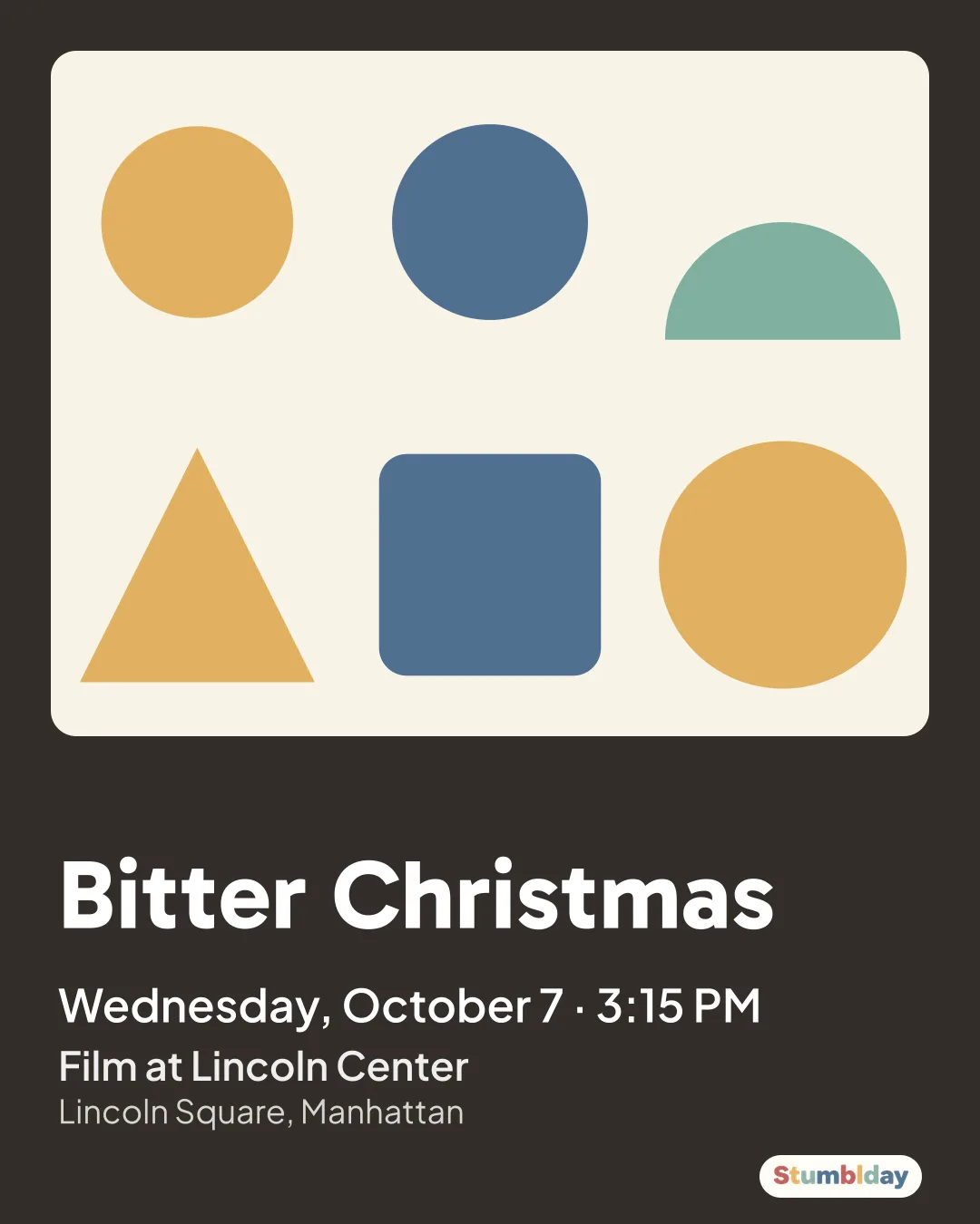 Flyer for Bitter Christmas: Wednesday, October 7 · 3:15 PM at Film at Lincoln Center