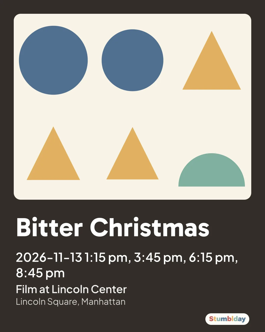 Flyer for Bitter Christmas: 2026-11-13 1:15 pm, 3:45 pm, 6:15 pm, 8:45 pm at Film at Lincoln Center