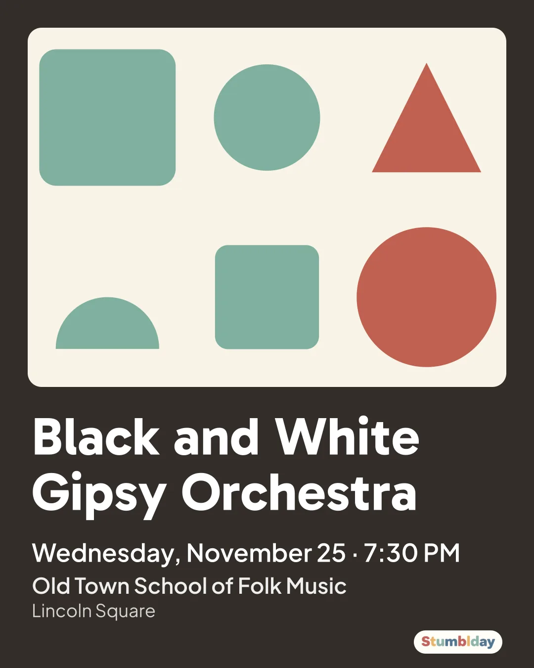 Flyer for Black and White Gipsy Orchestra: Wednesday, November 25 · 7:30 PM at Old Town School of Folk Music