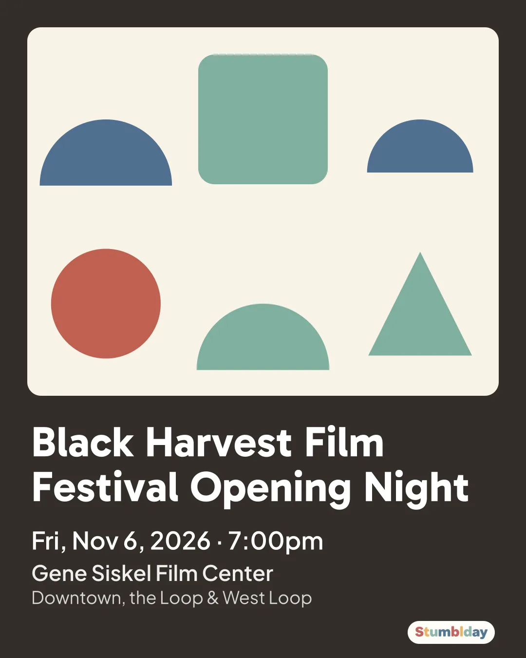 Flyer for Black Harvest Film Festival Opening Night: Fri, Nov 6, 2026 · 7:00pm at Gene Siskel Film Center