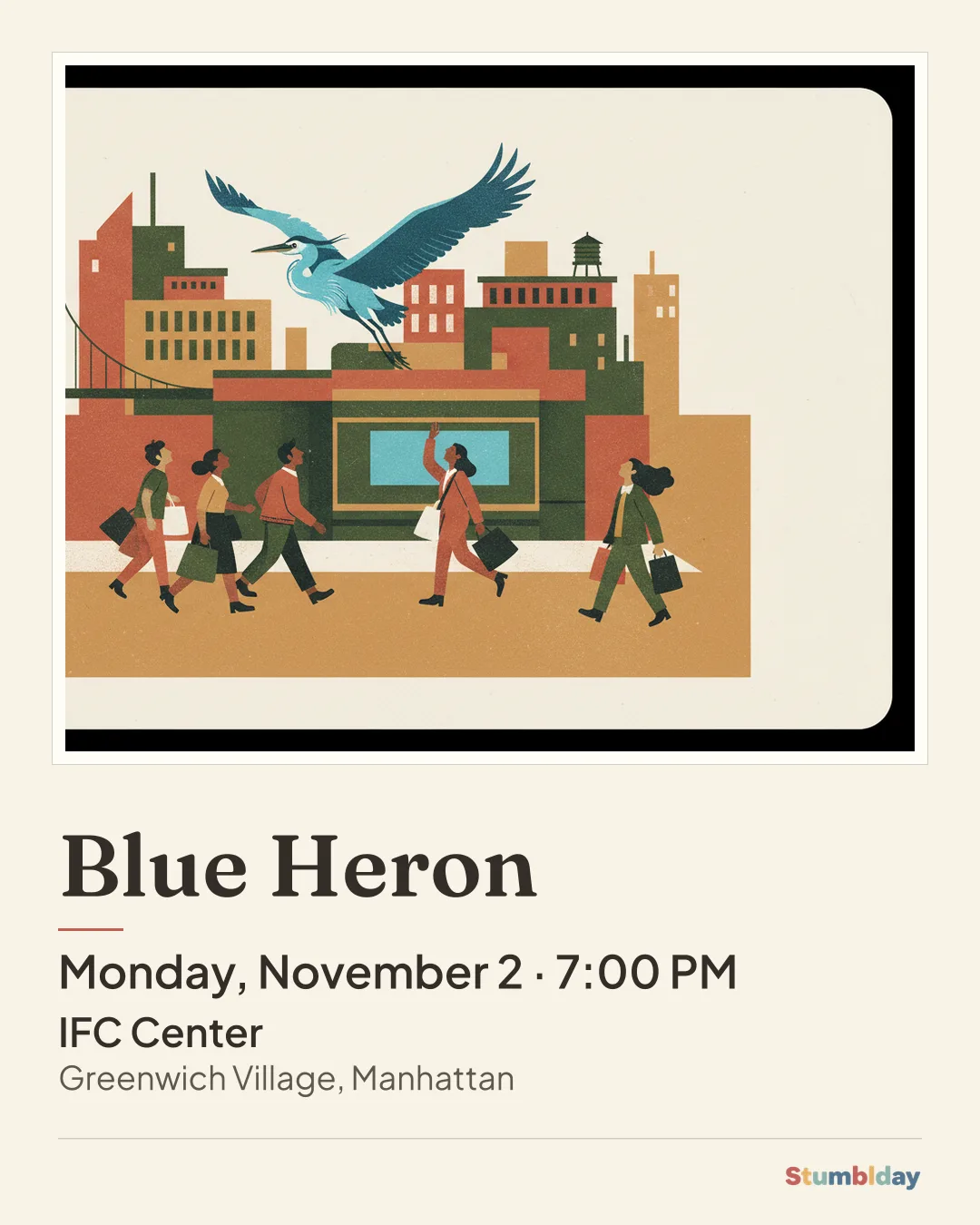 Flyer for Blue Heron: Monday, November 2 · 7:00 PM at IFC Center