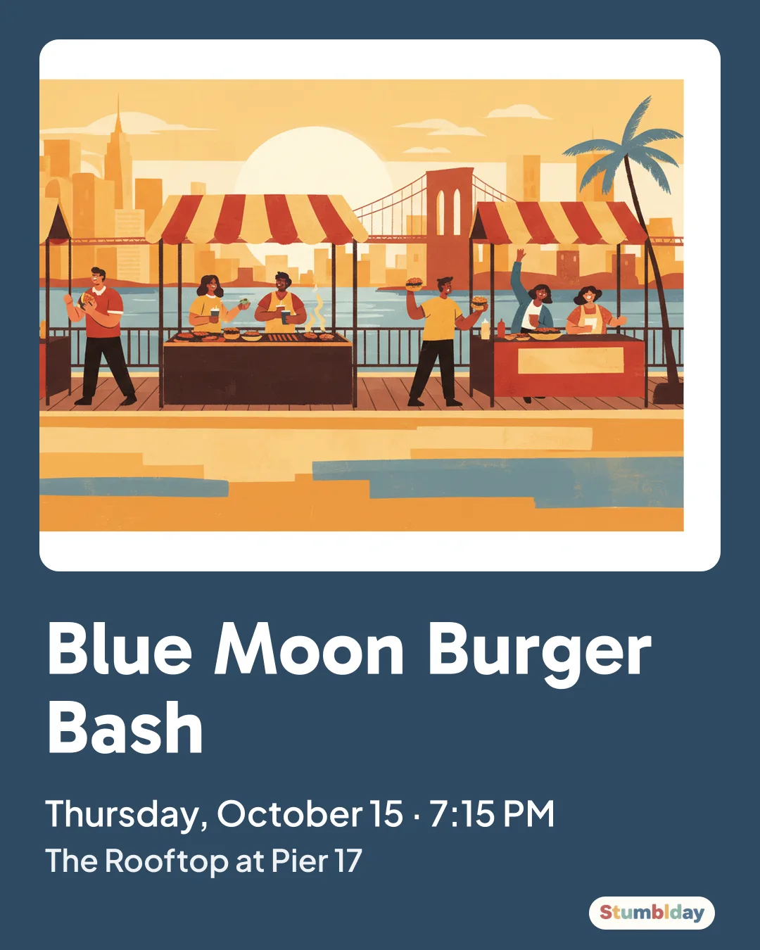 Flyer for Blue Moon Burger Bash: Thursday, October 15 · 7:15 PM at The Rooftop at Pier 17