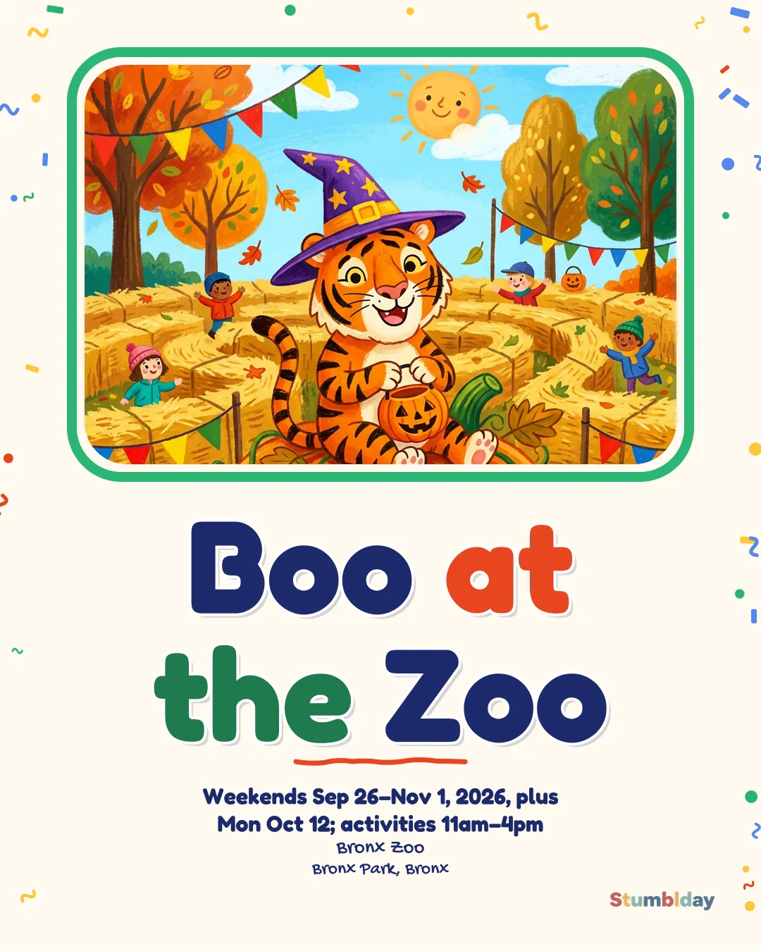 Flyer for Boo at the Zoo: Weekends Sep 26–Nov 1, 2026, plus Mon Oct 12; activities 11am–4pm at Bronx Zoo