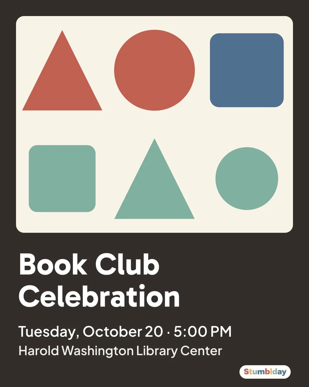 Flyer for Book Club Celebration: Tuesday, October 20 · 5:00 PM at Harold Washington Library Center