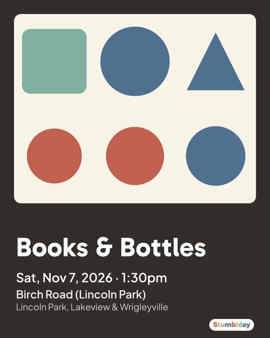 Flyer for Books & Bottles: Sat, Nov 7, 2026 · 1:30pm at Birch Road (Lincoln Park)