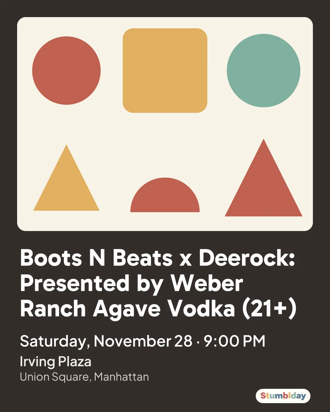 Flyer for Boots N Beats x Deerock: Presented by Weber Ranch Agave Vodka (21+): Saturday, November 28 · 9:00 PM at Irving Plaza