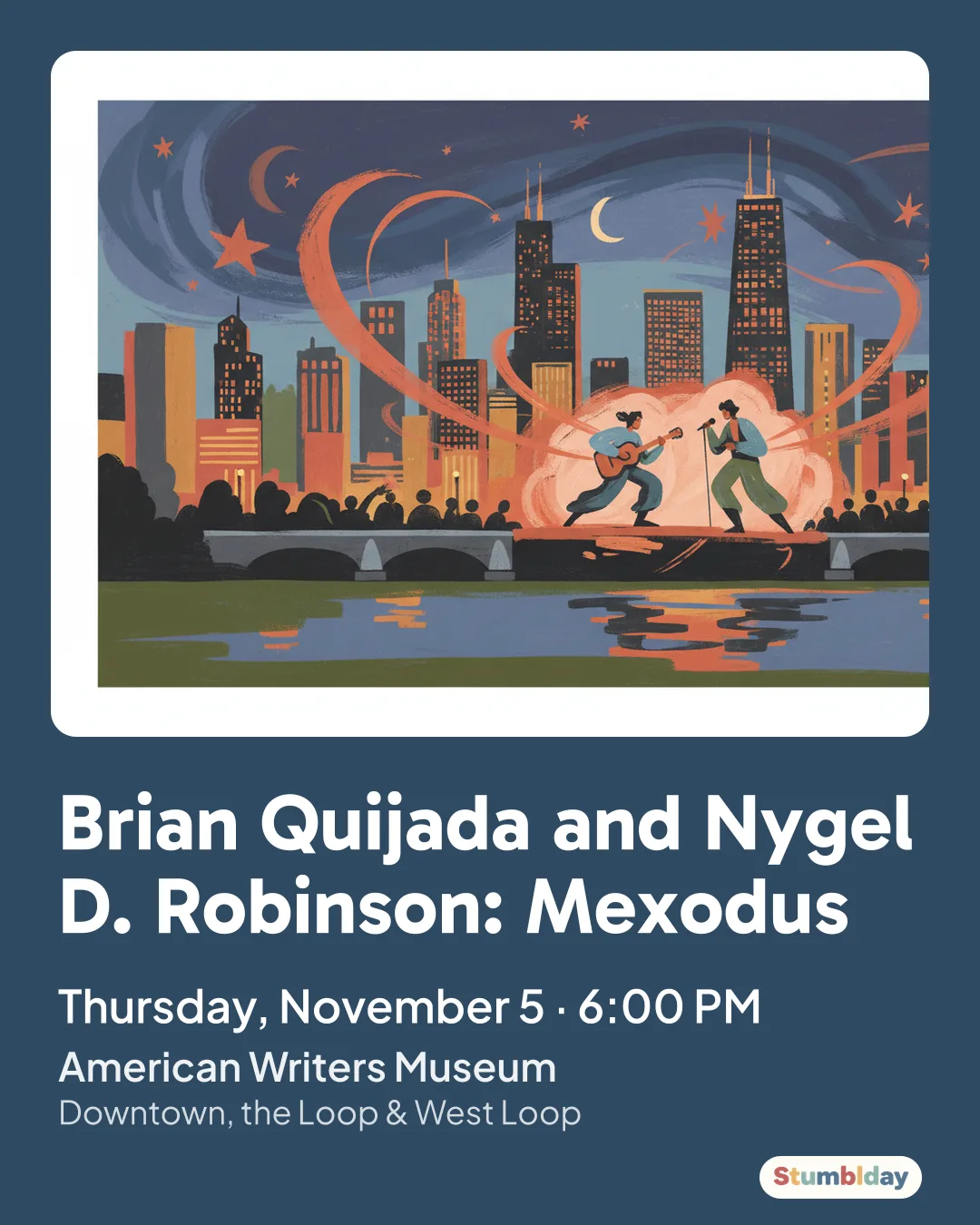 Flyer for Brian Quijada and Nygel D. Robinson: Mexodus: Thursday, November 5 · 6:00 PM at American Writers Museum
