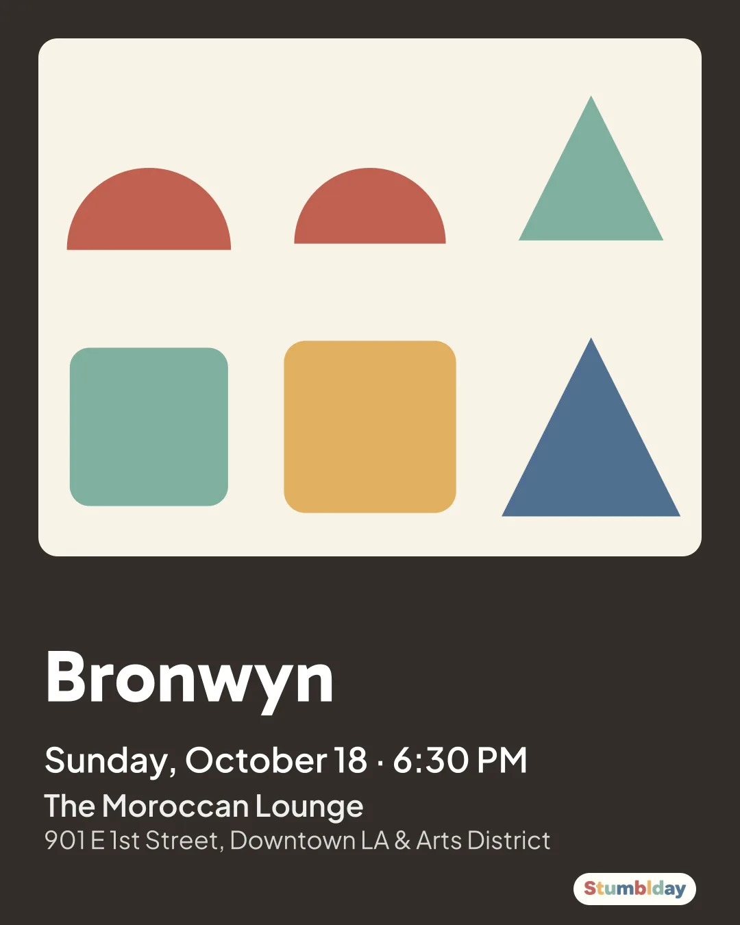 Flyer for Bronwyn: Sunday, October 18 · 6:30 PM at The Moroccan Lounge