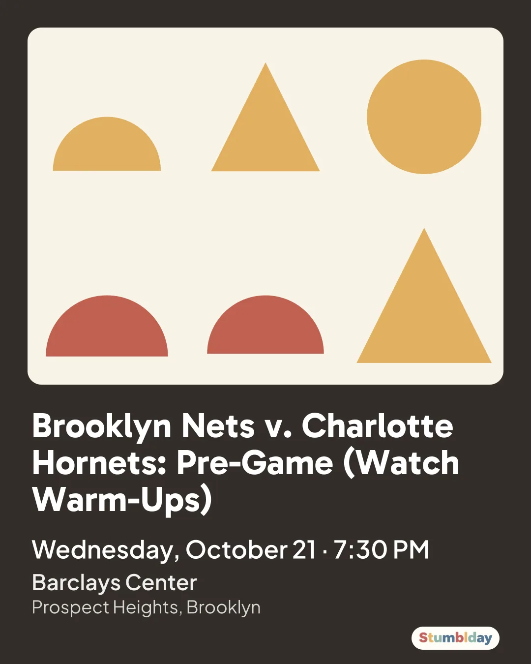 Flyer for Brooklyn Nets v. Charlotte Hornets: Pre-Game (Watch Warm-Ups): Wednesday, October 21 · 7:30 PM at Barclays Center