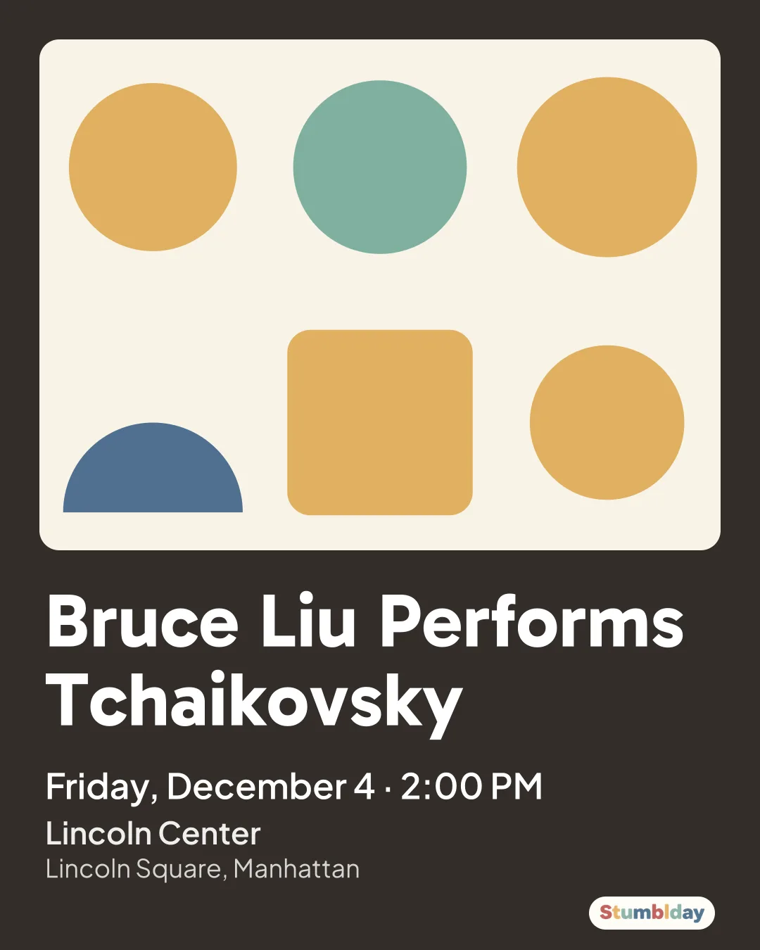 Flyer for Bruce Liu Performs Tchaikovsky: Friday, December 4 · 2:00 PM at Lincoln Center