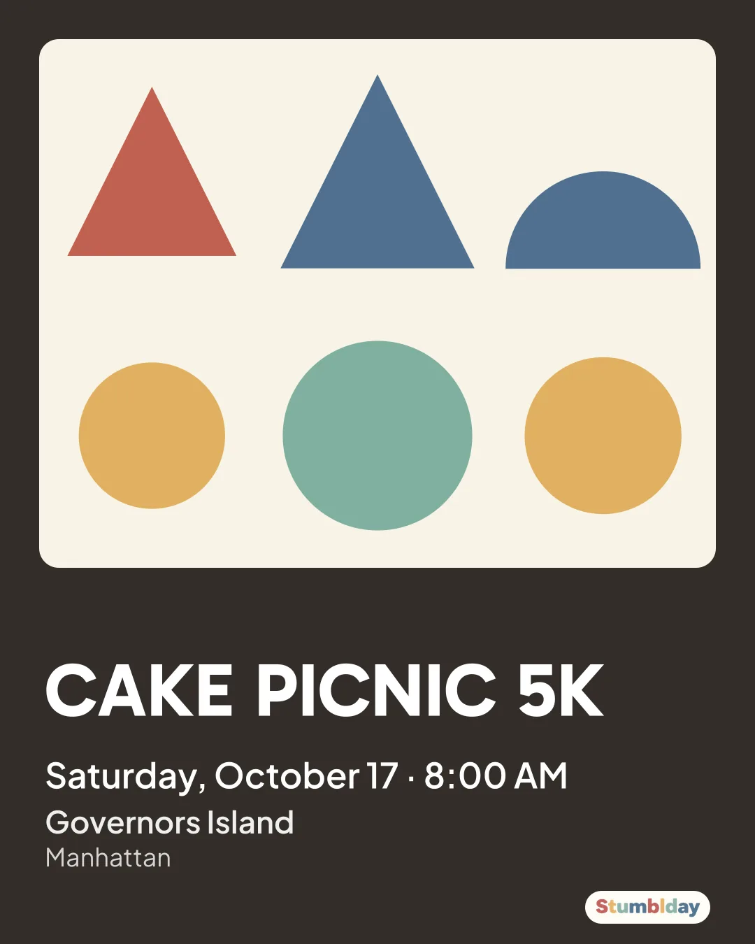 Flyer for CAKE PICNIC 5K: Saturday, October 17 · 8:00 AM at Governors Island