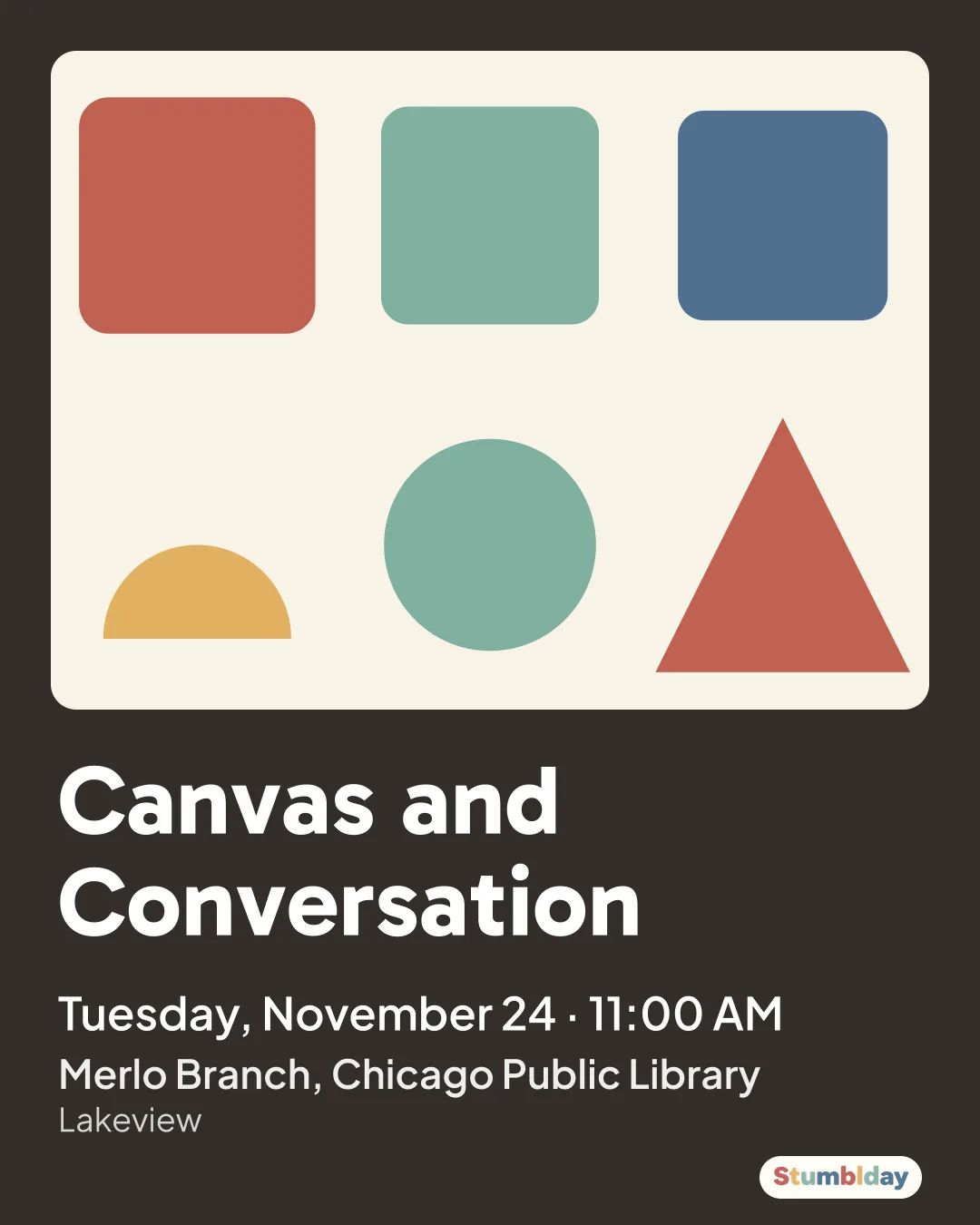 Flyer for Canvas and Conversation: Tuesday, November 24 · 11:00 AM at Merlo Branch, Chicago Public Library