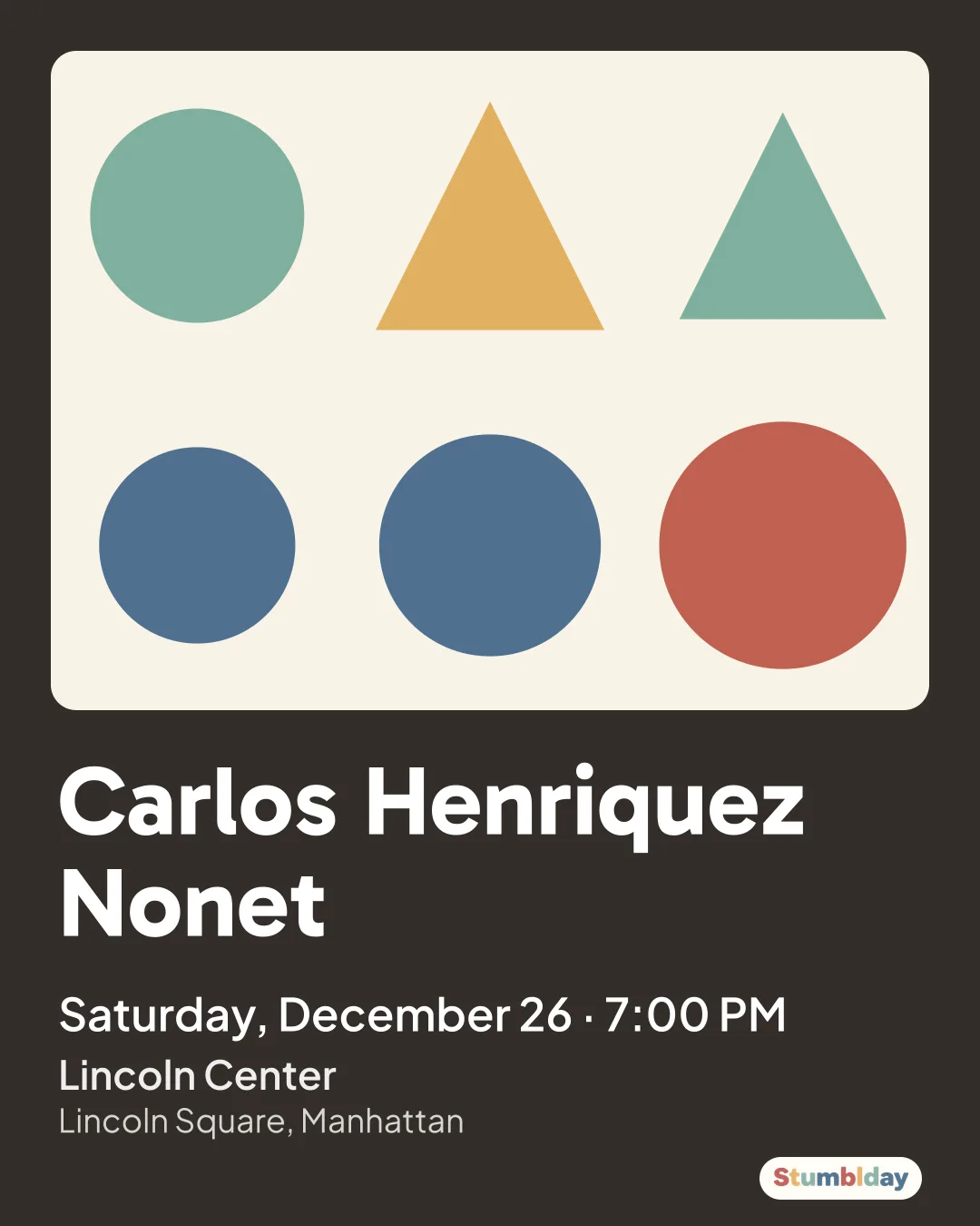 Flyer for Carlos Henriquez Nonet: Saturday, December 26 · 7:00 PM at Lincoln Center