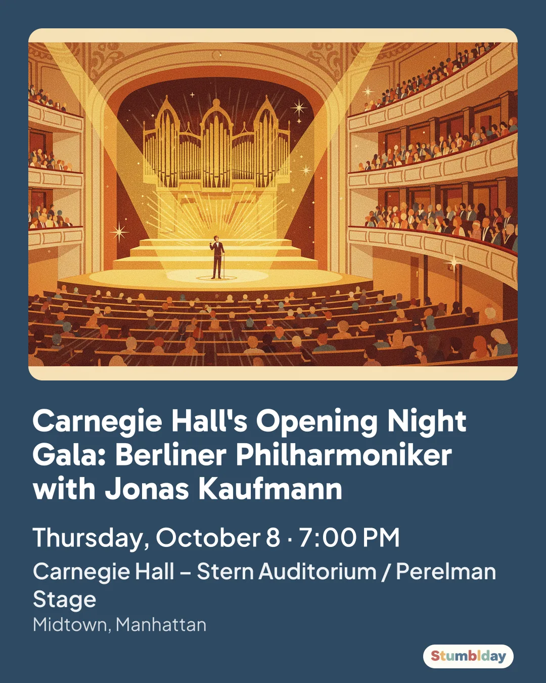 Flyer for Carnegie Hall's Opening Night Gala: Berliner Philharmoniker with Jonas Kaufmann: Thursday, October 8 · 7:00 PM at Carnegie Hall – Stern Auditorium / Perelman Stage