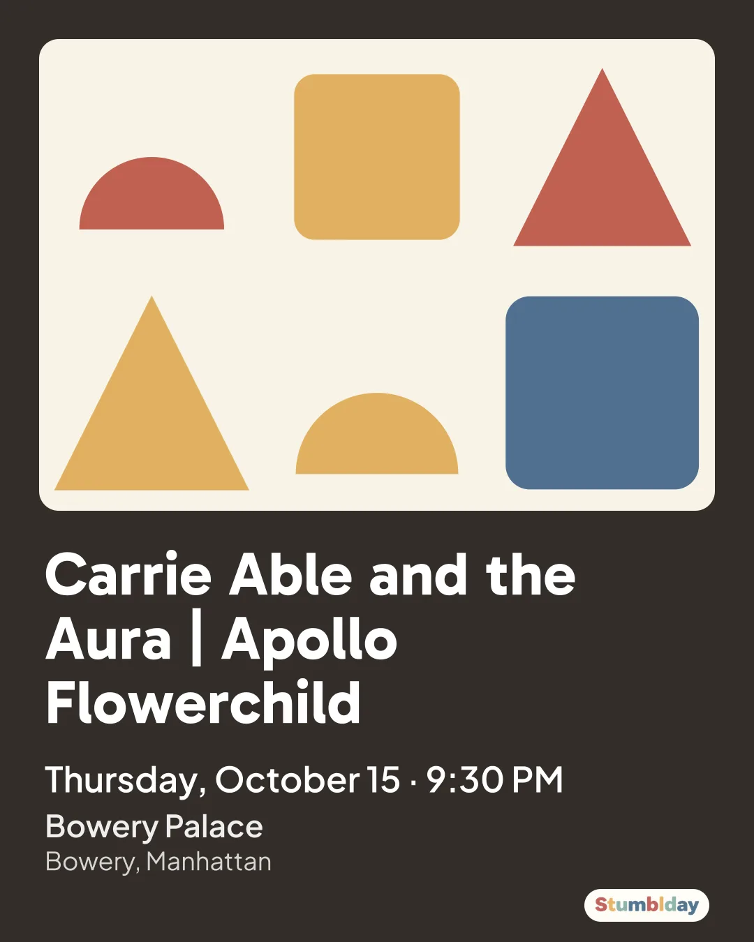 Flyer for Carrie Able and the Aura | Apollo Flowerchild: Thursday, October 15 · 9:30 PM at Bowery Palace