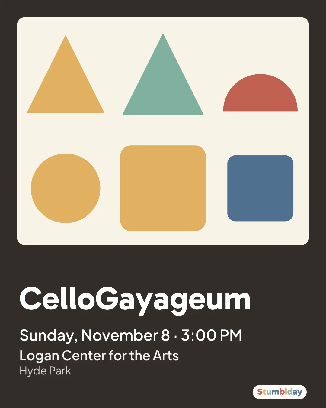 Flyer for CelloGayageum: Sunday, November 8 · 3:00 PM at Logan Center for the Arts