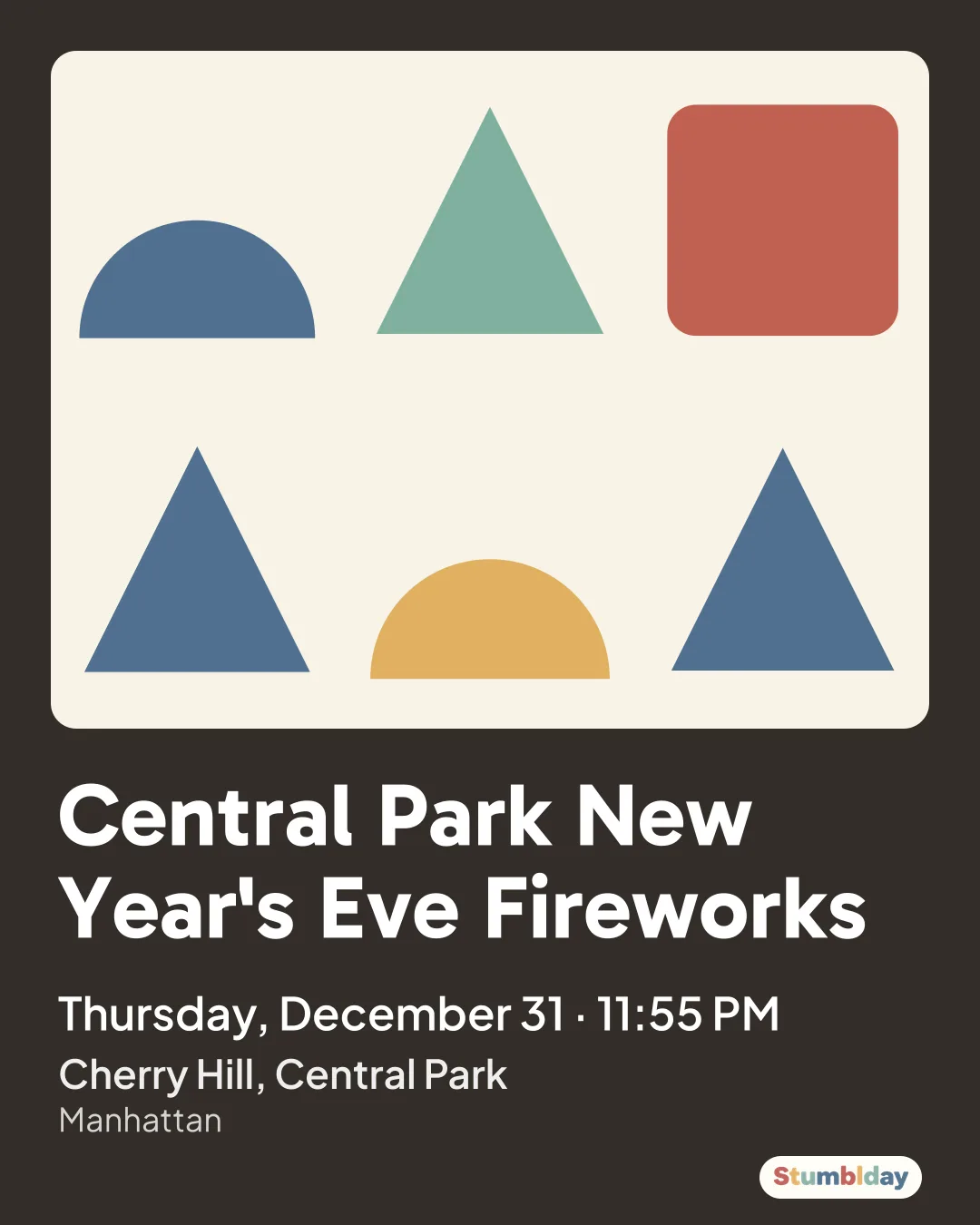 Flyer for Central Park New Year's Eve Fireworks: Thursday, December 31 · 11:55 PM at Cherry Hill, Central Park