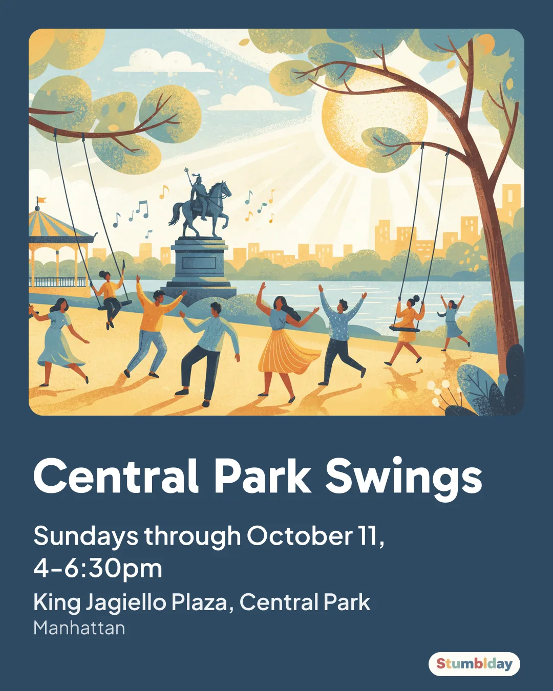 Flyer for Central Park Swings: Sundays through October 11, 4-6:30pm at King Jagiello Plaza, Central Park