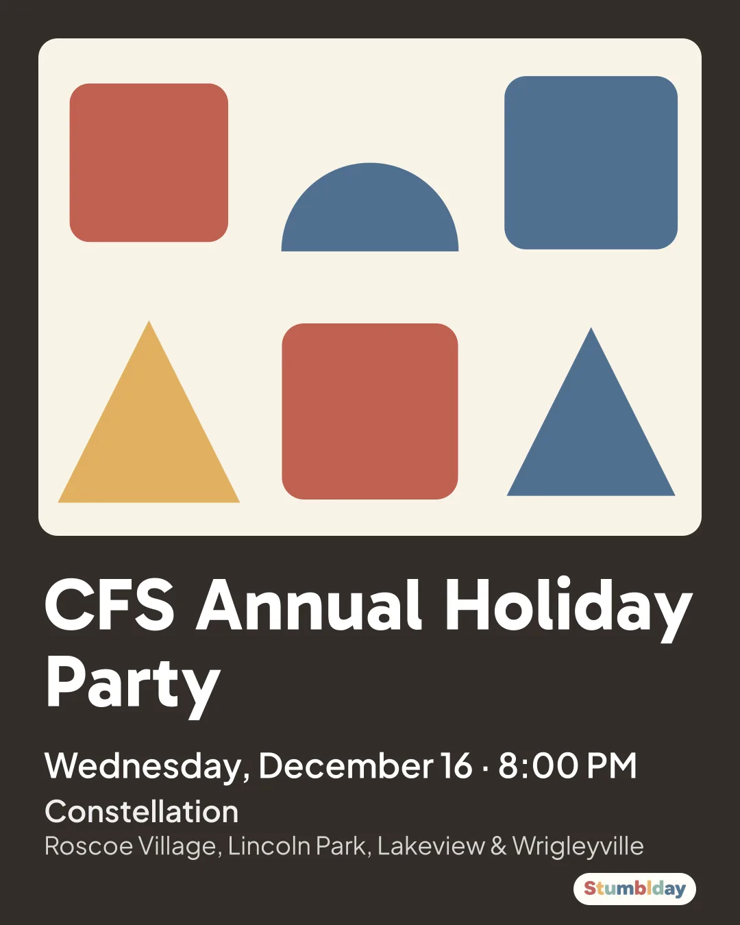Flyer for CFS Annual Holiday Party: Wednesday, December 16 · 8:00 PM at Constellation