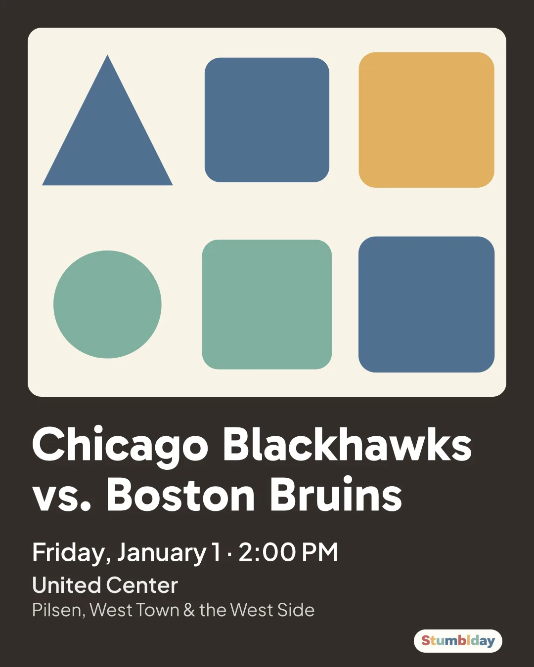 Flyer for Chicago Blackhawks vs. Boston Bruins: Friday, January 1 · 2:00 PM at United Center