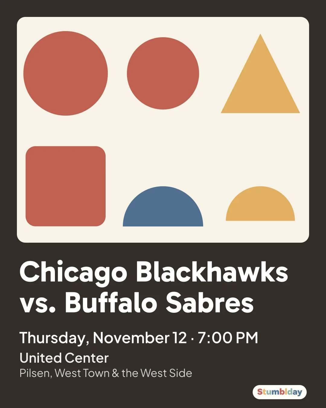 Flyer for Chicago Blackhawks vs. Buffalo Sabres: Thursday, November 12 · 7:00 PM at United Center