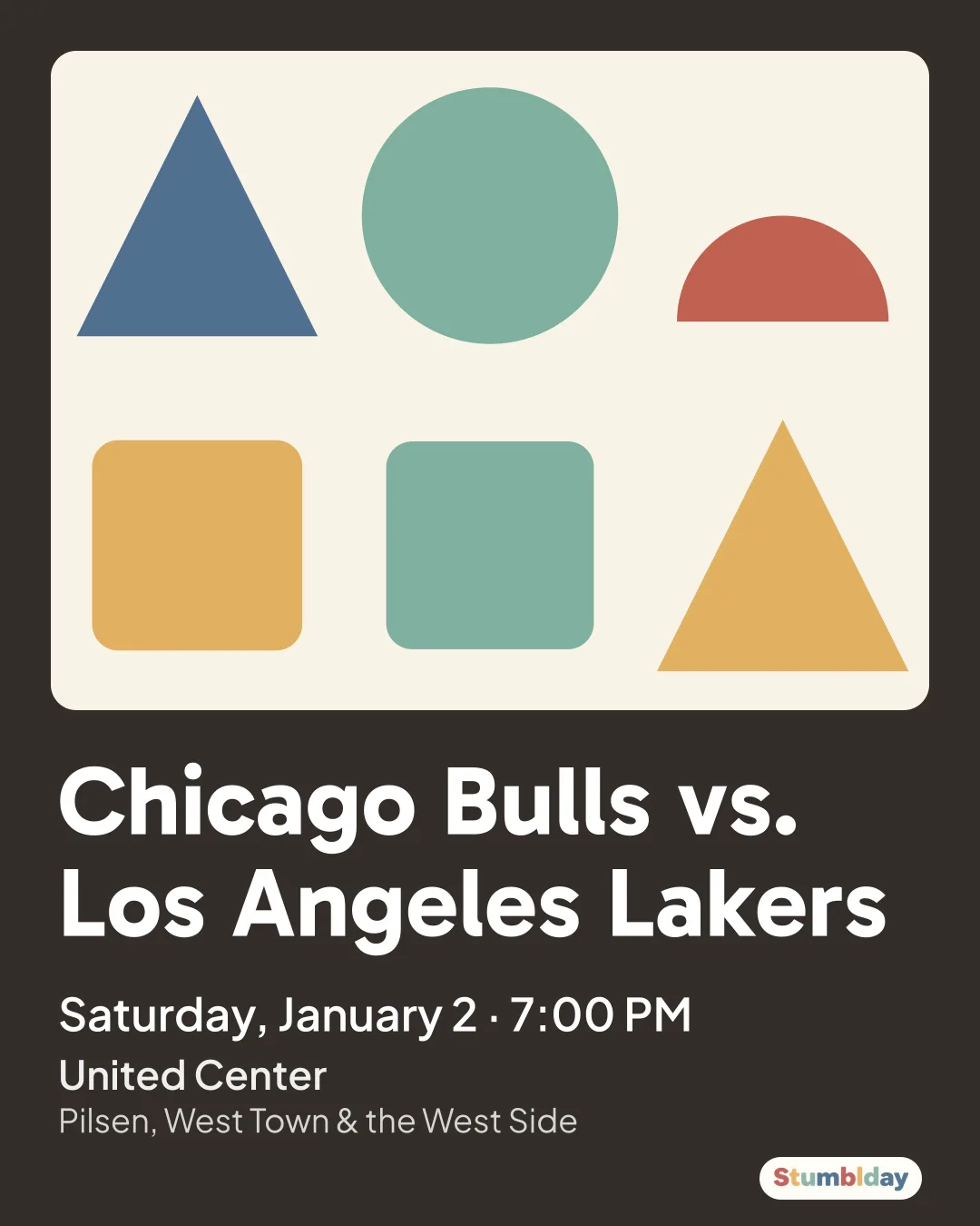 Flyer for Chicago Bulls vs. Los Angeles Lakers: Saturday, January 2 · 7:00 PM at United Center