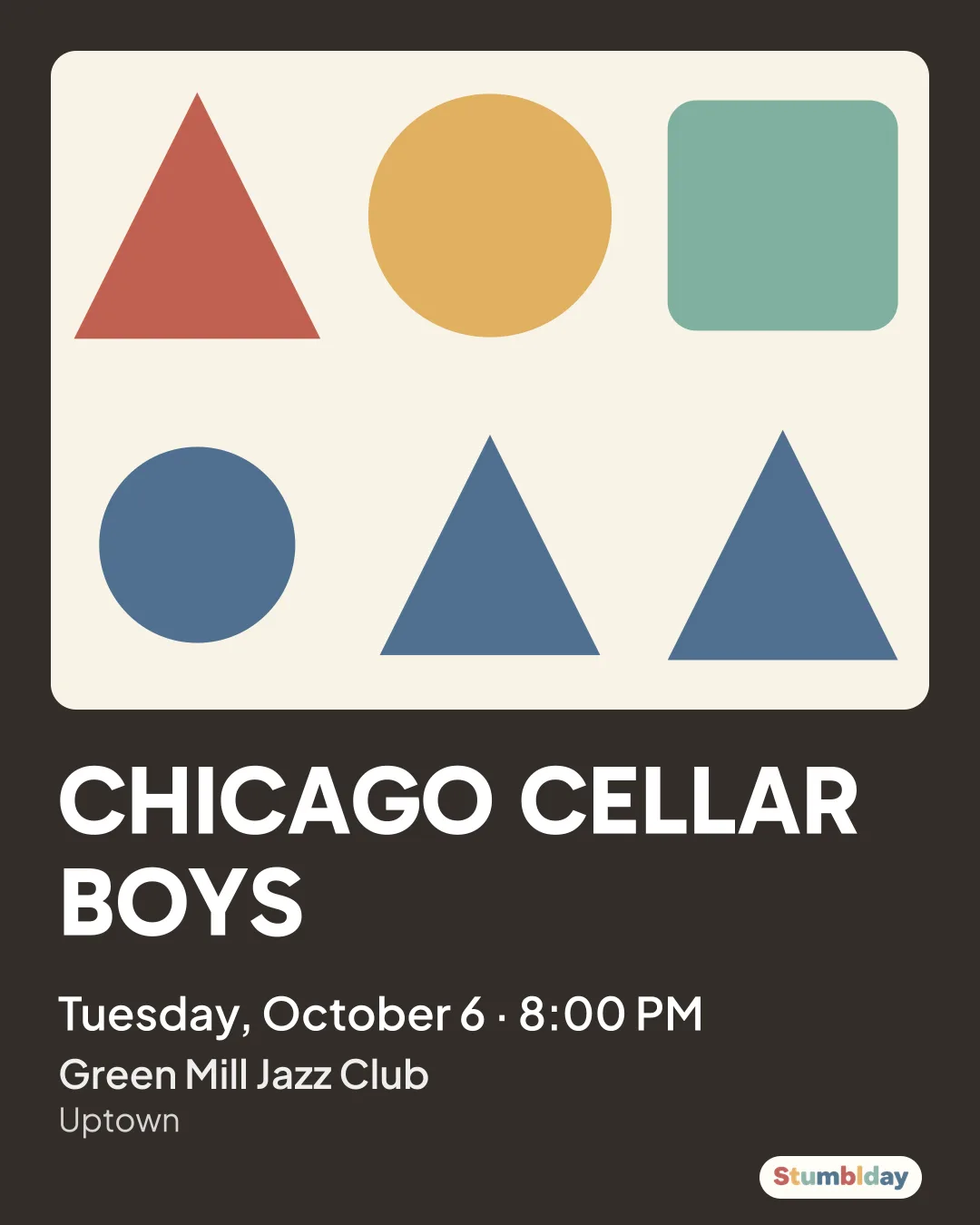 Flyer for CHICAGO CELLAR BOYS: Tuesday, October 6 · 8:00 PM at Green Mill Jazz Club