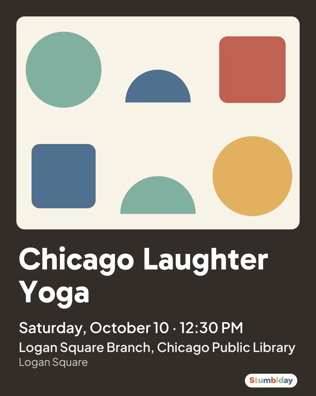 Flyer for Chicago Laughter Yoga: Saturday, October 10 · 12:30 PM at Logan Square Branch, Chicago Public Library
