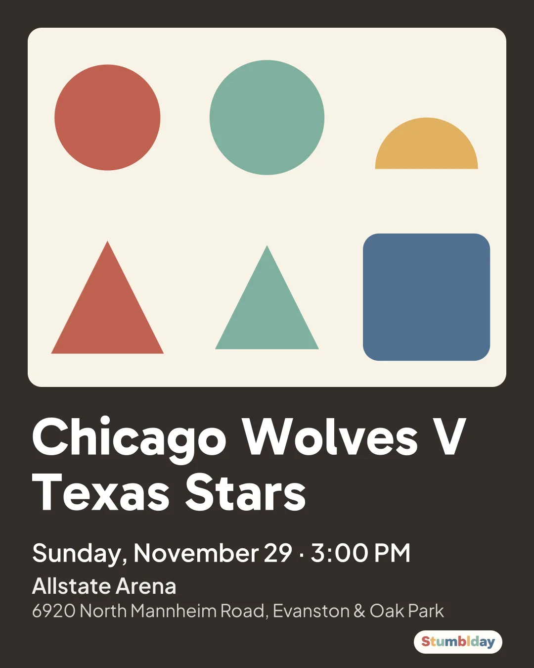 Flyer for Chicago Wolves V Texas Stars: Sunday, November 29 · 3:00 PM at Allstate Arena