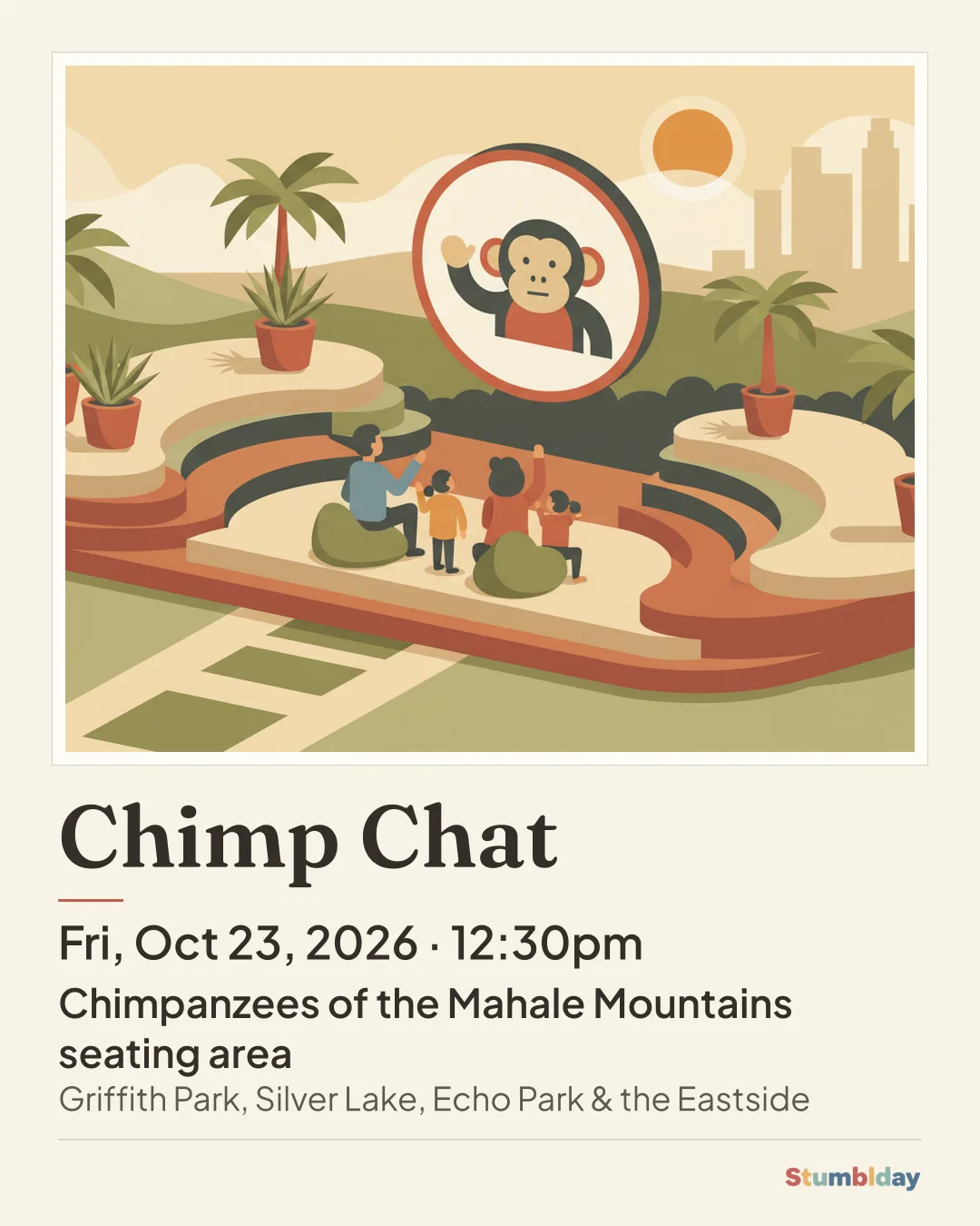 Flyer for Chimp Chat: Fri, Oct 23, 2026 · 12:30pm at Chimpanzees of the Mahale Mountains seating area
