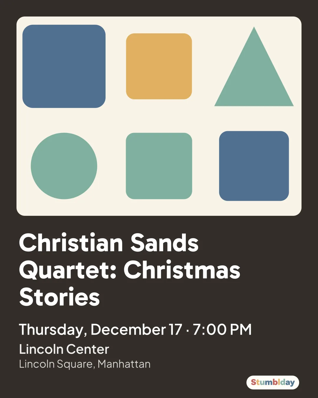 Flyer for Christian Sands Quartet: Christmas Stories: Thursday, December 17 · 7:00 PM at Lincoln Center