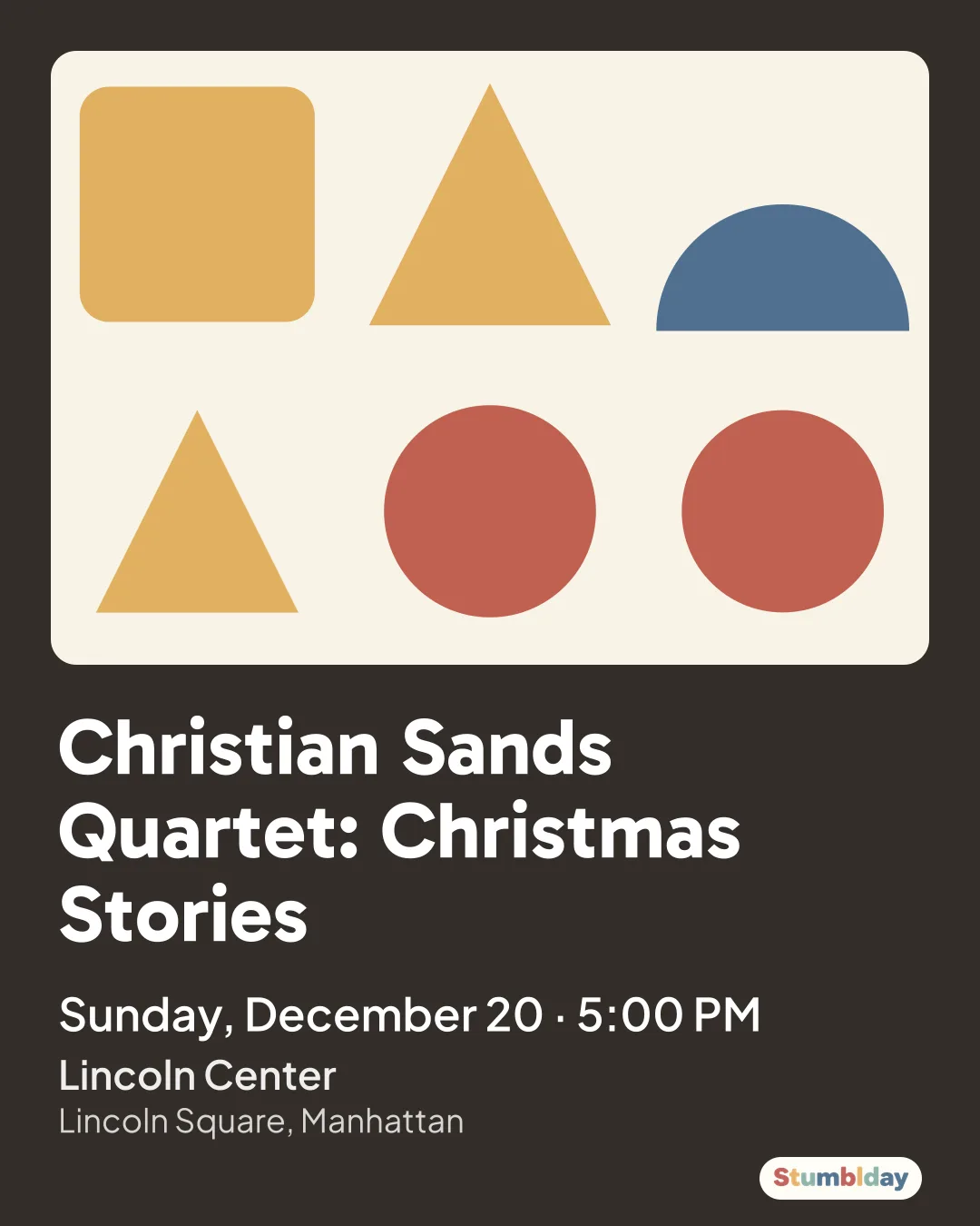 Flyer for Christian Sands Quartet: Christmas Stories: Sunday, December 20 · 5:00 PM at Lincoln Center