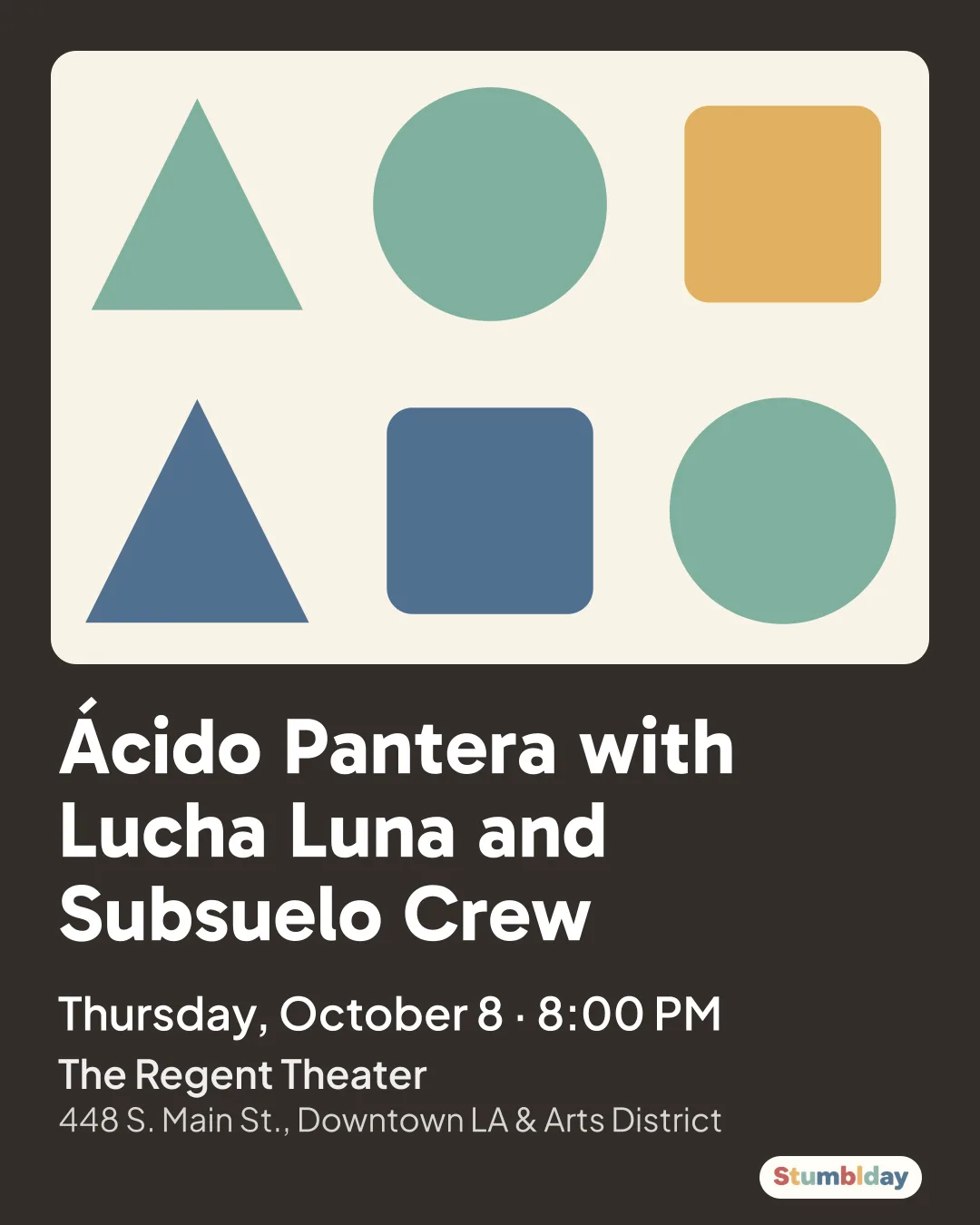 Flyer for Ácido Pantera with Lucha Luna and Subsuelo Crew: Thursday, October 8 · 8:00 PM at The Regent Theater