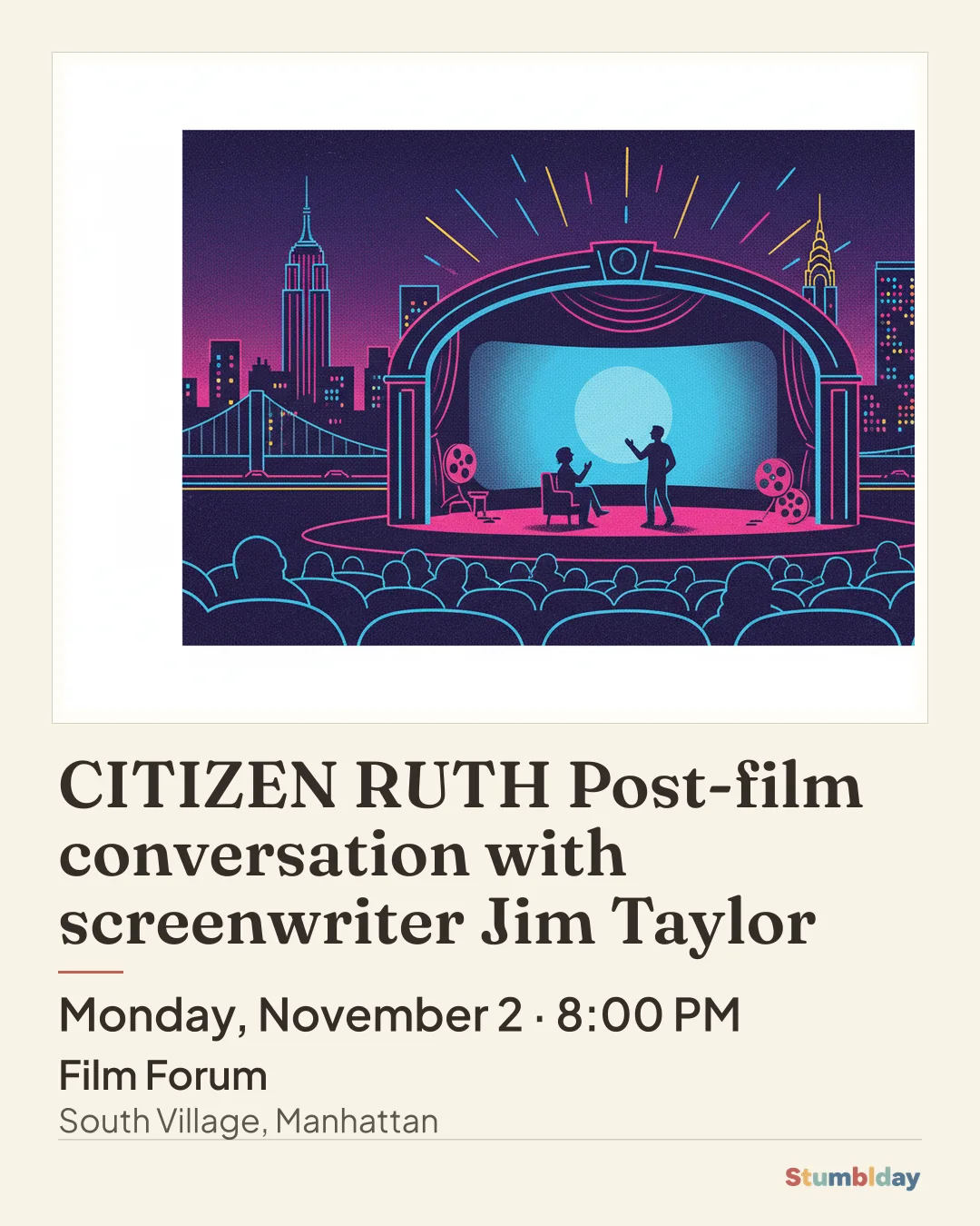 Flyer for CITIZEN RUTH Post-film conversation with screenwriter Jim Taylor: Monday, November 2 · 8:00 PM at Film Forum