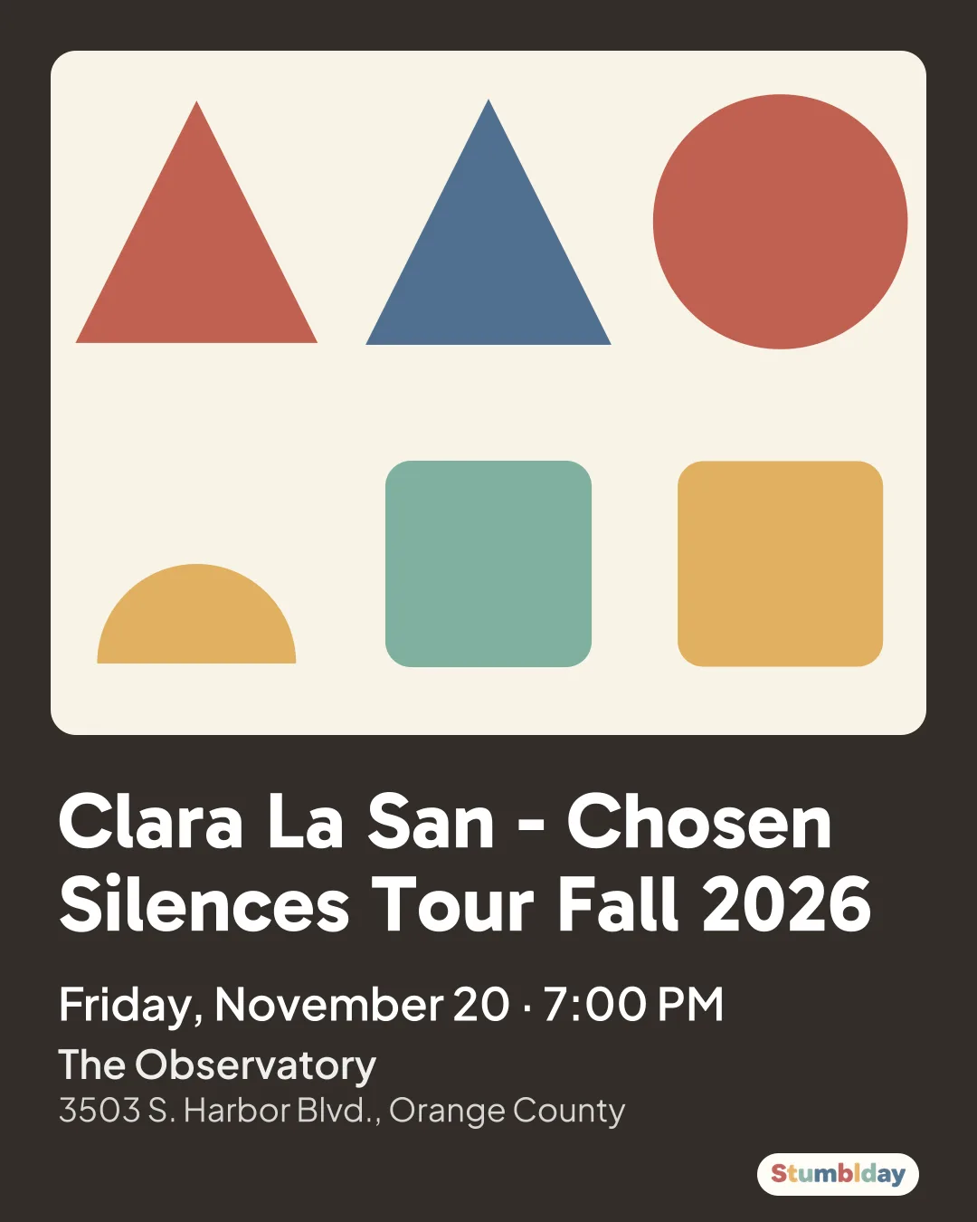 Flyer for Clara La San - Chosen Silences Tour Fall 2026: Friday, November 20 · 7:00 PM at The Observatory