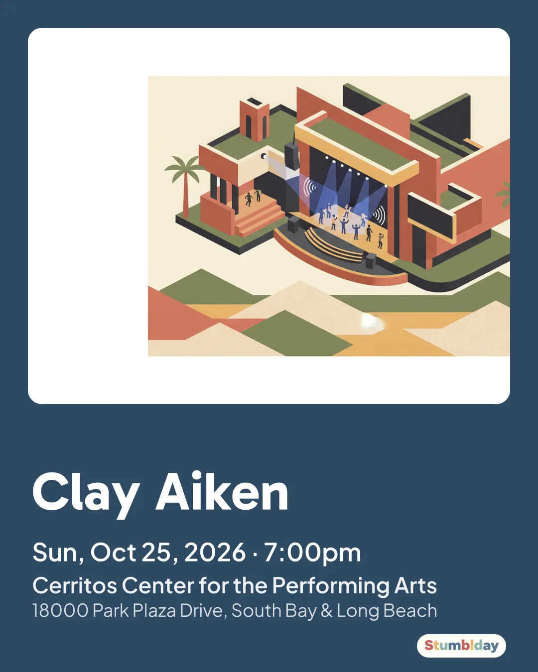 Flyer for Clay Aiken: Sun, Oct 25, 2026 · 7:00pm at Cerritos Center for the Performing Arts