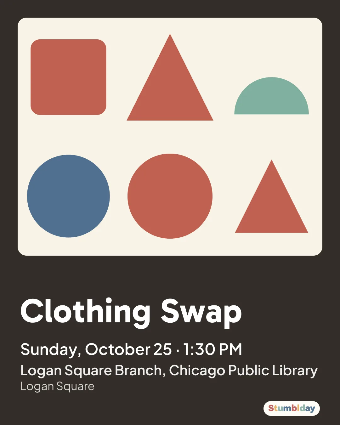 Flyer for Clothing Swap: Sunday, October 25 · 1:30 PM at Logan Square Branch, Chicago Public Library