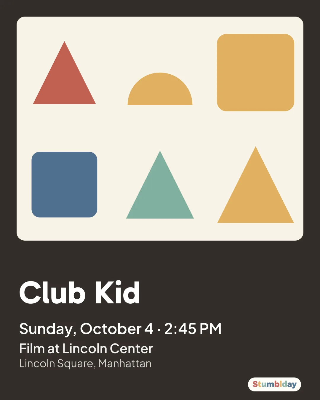 Flyer for Club Kid: Sunday, October 4 · 2:45 PM at Film at Lincoln Center