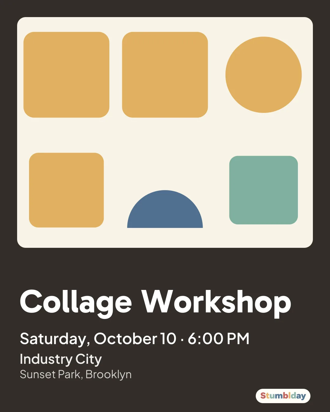 Flyer for Collage Workshop: Saturday, October 10 · 6:00 PM at Industry City