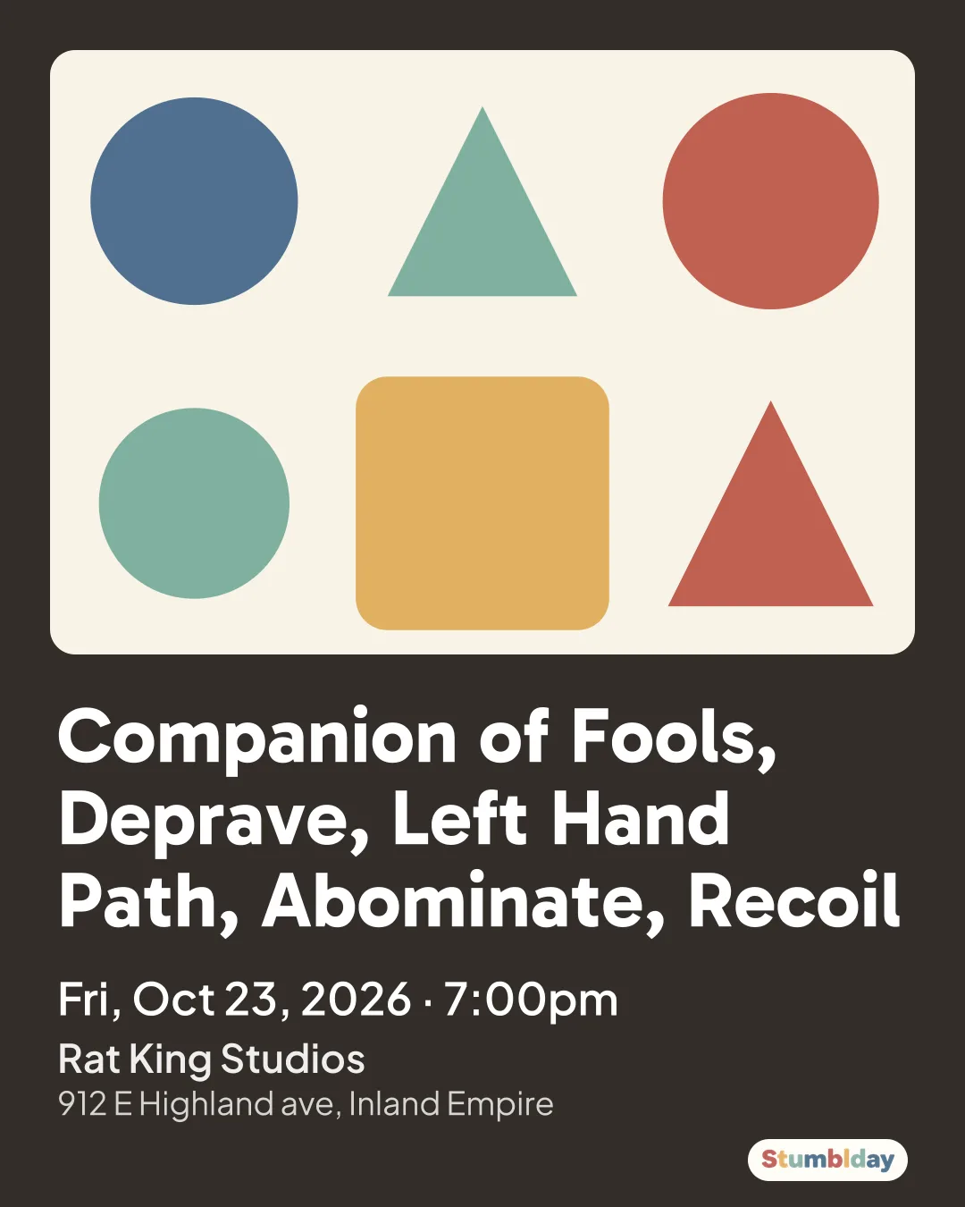 Flyer for Companion of Fools, Deprave, Left Hand Path, Abominate, Recoil: Fri, Oct 23, 2026 · 7:00pm at Rat King Studios