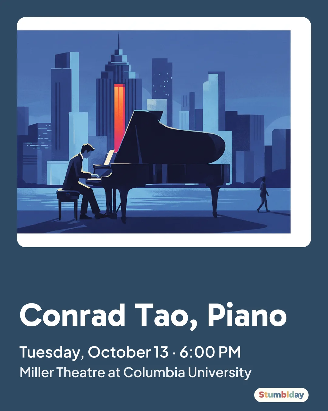 Flyer for Conrad Tao, Piano: Tuesday, October 13 · 6:00 PM at Miller Theatre at Columbia University