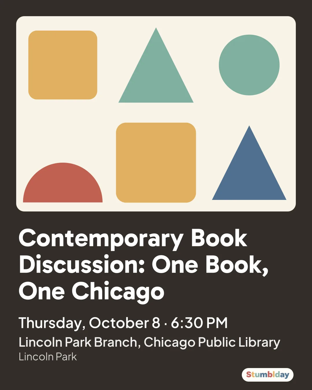 Flyer for Contemporary Book Discussion: One Book, One Chicago: Thursday, October 8 · 6:30 PM at Lincoln Park Branch, Chicago Public Library