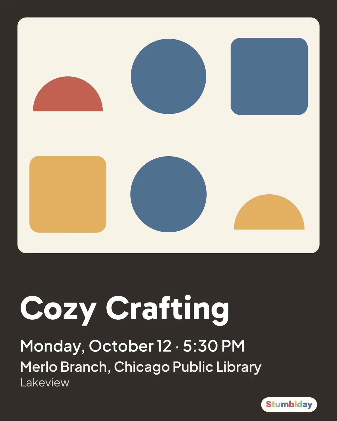Flyer for Cozy Crafting: Monday, October 12 · 5:30 PM at Merlo Branch, Chicago Public Library