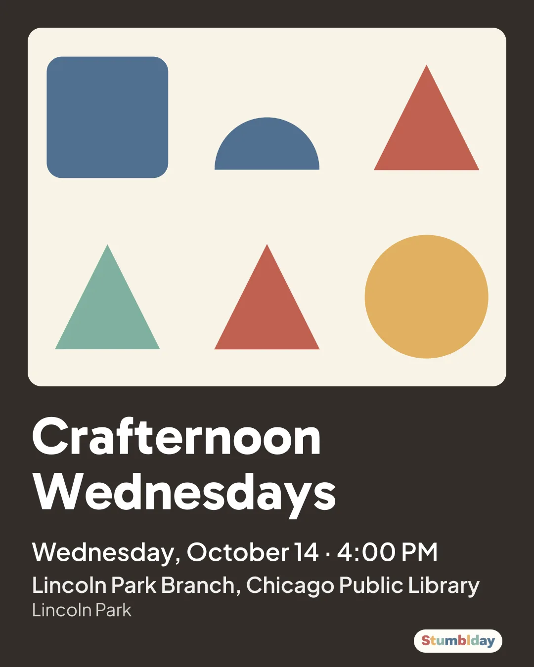 Flyer for Crafternoon Wednesdays: Wednesday, October 14 · 4:00 PM at Lincoln Park Branch, Chicago Public Library