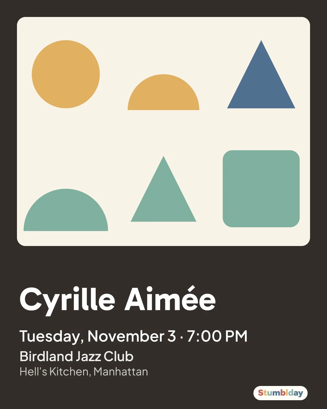 Flyer for Cyrille Aimée: Tuesday, November 3 · 7:00 PM at Birdland Jazz Club