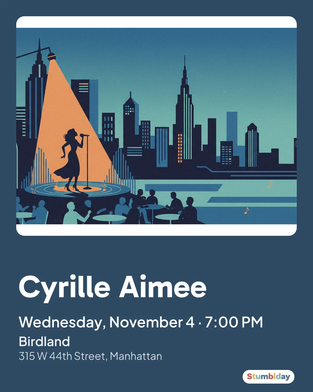 Flyer for Cyrille Aimee: Wednesday, November 4 · 7:00 PM at Birdland