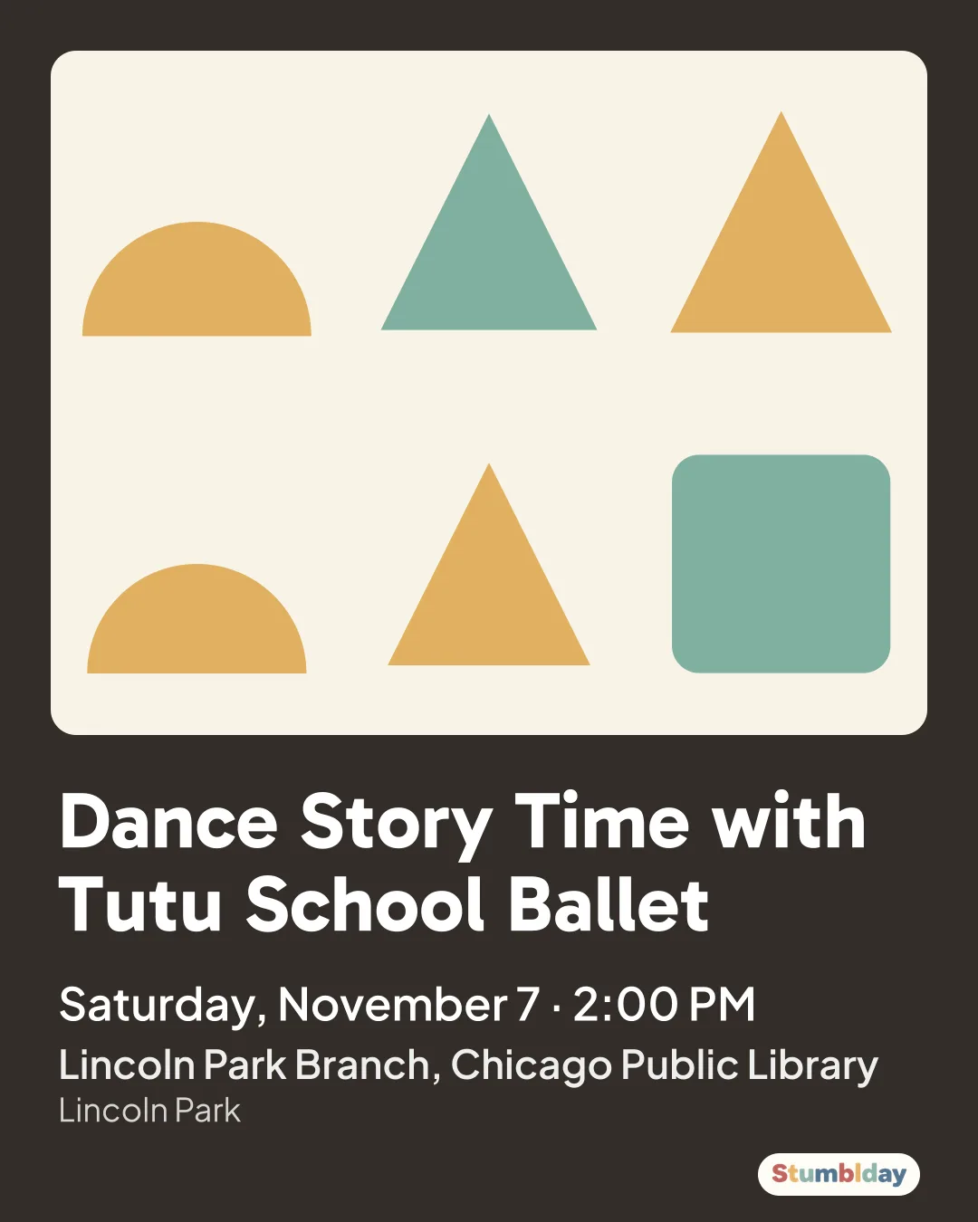 Flyer for Dance Story Time with Tutu School Ballet: Saturday, November 7 · 2:00 PM at Lincoln Park Branch, Chicago Public Library